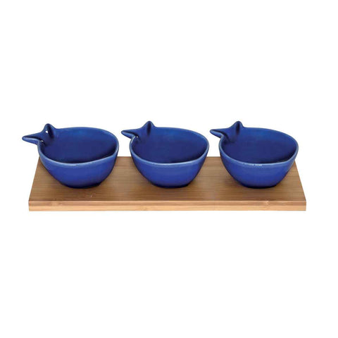 Porcelán hal alakú kistálka 3 részes szett bambusztálcán kék Asztali kínáló Easy Life Design   