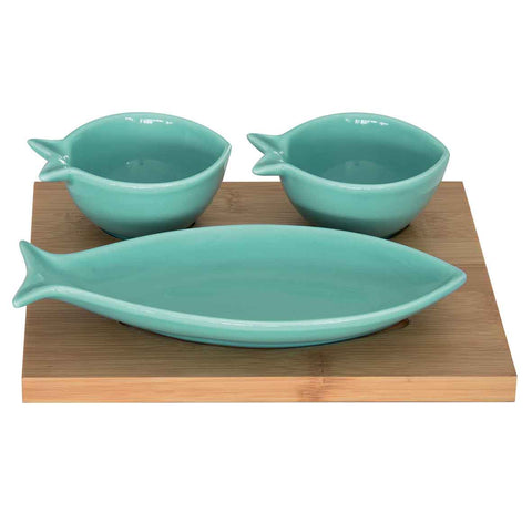 Porcelán hal alakú tálka 3 részes szett bambusztálcán türkiz kék Asztali kínáló Easy Life Design   